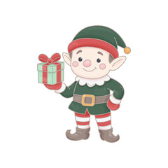 Vector Christmas elf holding a wrapped gift. Dressed in green with striped leggings, curled boots, and a festive hat. Cheerful and cozy outline illustration on white background