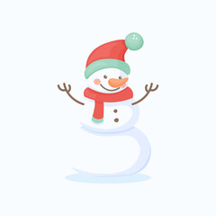 Cute cartoon snowman with red and green hat, red scarf, and carrot nose. Smiling character with rosy cheeks and stick arms on white background. Perfect for winter designs, greeting cards, patterns, an