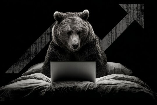 Animated bear's hilarious nighttime laptop fears. Earn from crypto. Is crypto freedom or financial chaos for the average investor. Bear sitting. Crypto pros and cons.