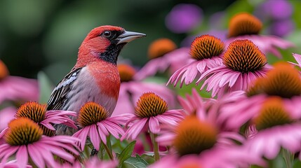 A stunning close-up of a Rose-Breasted Grosbeak perched amidst vibrant pink flowers providing a