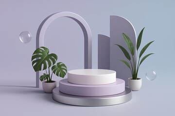 Modern pastel product display stand with tropical plants for showcasing beauty items and trendy lifestyle products in a fresh, vibrant scene