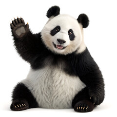 Naklejka premium A friendly panda sitting and waving its paw with a cheerful expression on a plain white background