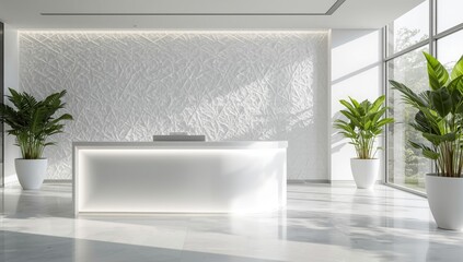 Modern and bright office reception area featuring a sleek white desk illuminated by soft lighting and lush green plants