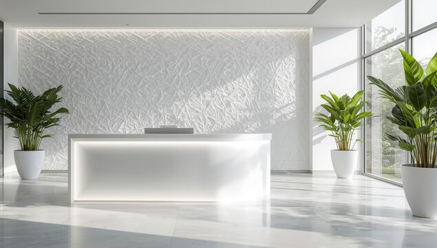 Modern and bright office reception area featuring a sleek white desk illuminated by soft lighting and lush green plants