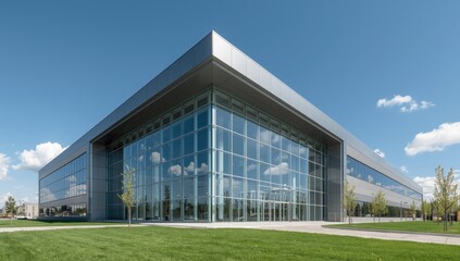 Obraz premium Modern architectural marvel featuring a striking glass facade and angular metallic roof under a clear blue sky with scattered clouds