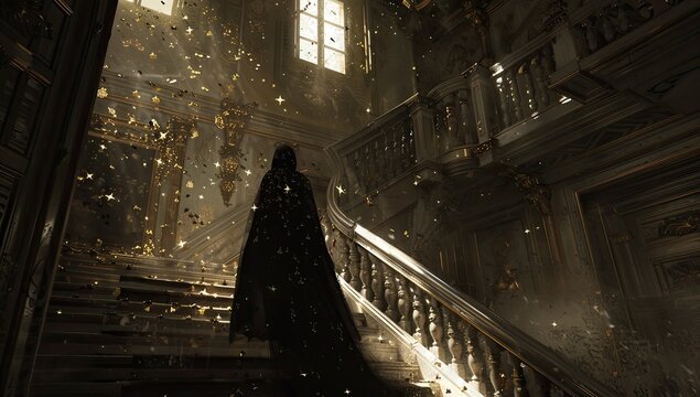Cloaked Figure Ascending Grand Staircase, Sunlit Manor, Golden Dust