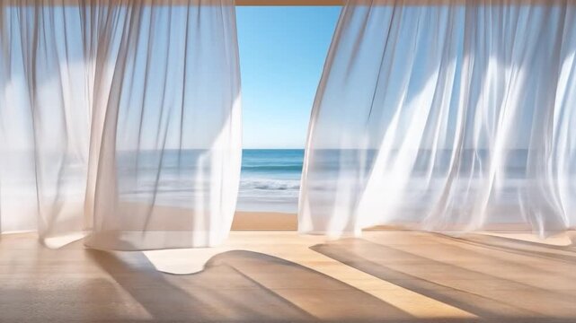 Seaside Serenity: A sunlit scene reveals billowing curtains gently swayed by the ocean breeze, framing an idyllic vista of shimmering blue waters and a clear, expansive sky.