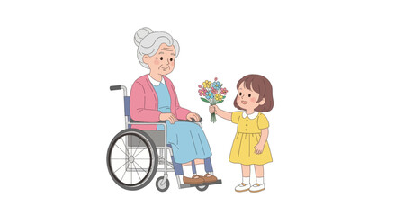 Sweet child offers vibrant flowers to smiling grandmother in wheelchair, heartwarming generational connection captured
