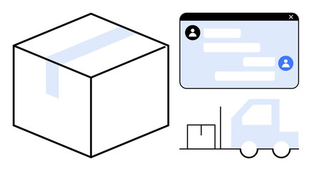 Large sealed package, chat interface with user icons, and delivery truck transporting goods. Ideal for logistics, shipping, communication, delivery apps, customer support, e-commerce simple landing