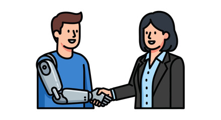 A man with a prosthetic robotic arm shakes hands with a businesswoman in a suit.