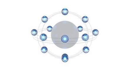 Minimal futuristic floating spheres with glowing neon reflections, holographic effects, and abstract digital designs on clean white background for modern technology concept