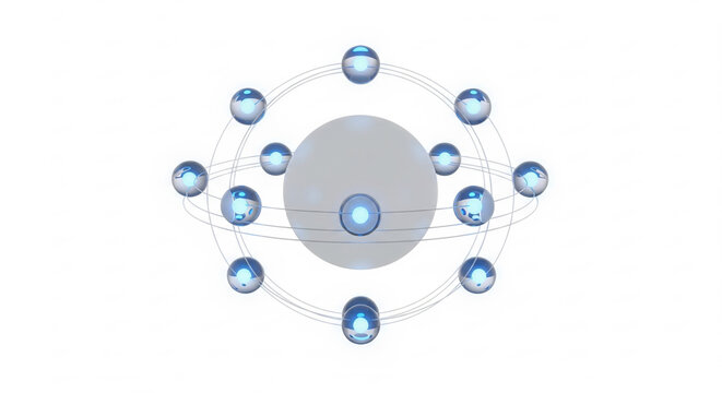 Minimal futuristic floating spheres with glowing neon reflections, holographic effects, and abstract digital designs on clean white background for modern technology concept