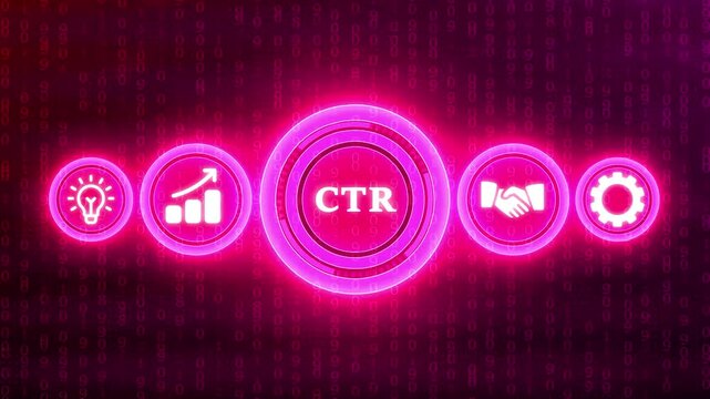 Pink CTR Icons with Growth Chart and Handshake on Binary Code Background click through