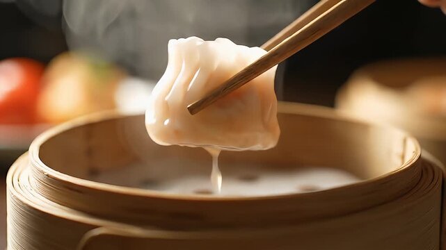 Savoring a steaming dim sum dumpling lifted with chopsticks from a bamboo steamer basket.
