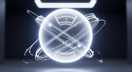 Minimal futuristic floating spheres with glowing neon reflections, holographic effects, and abstract digital designs on clean white background for modern technology concept