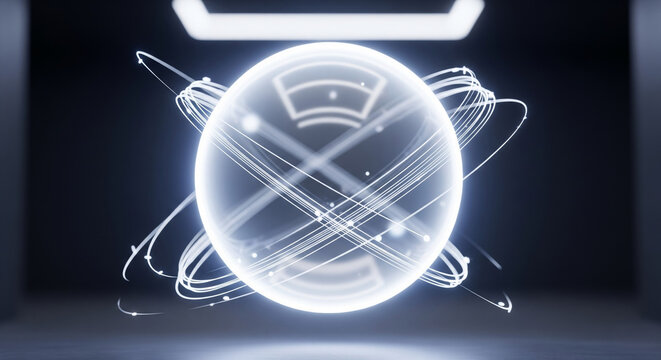 Minimal futuristic floating spheres with glowing neon reflections, holographic effects, and abstract digital designs on clean white background for modern technology concept
