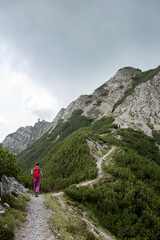 Fototapeta premium A lone hiker with a red backpack walks a mountain path through alpine vegetation and rocky cliffs under a cloudy sky, evoking solitary travel and wild nature.