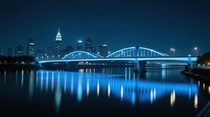 A modern bridge at night, lit in blue, spans a river reflecting city lights