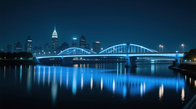 A modern bridge at night, lit in blue, spans a river reflecting city lights