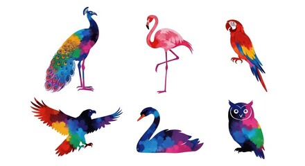 Obraz premium Vibrant Watercolor Birds: Peacock, Flamingo, Macaw, Eagle, Swan, and Owl in Artistic Style, Diverse Bird Species in Watercolor Illustration