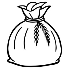 A simple black and white line drawing of a closed sack, possibly a money bag or a gift bag, tied at the top with a decorative element