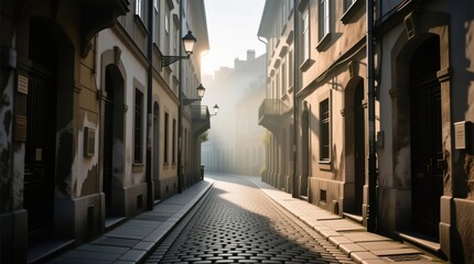 Obraz premium A sunlit alleyway between historic buildings. Misty morning light filters down a narrow street lined with aged stone structures