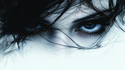 Fototapeta premium Intense gaze: A striking portrait of piercing blue eyes surrounded by dark hair and ethereal light
