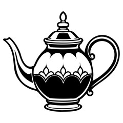 Elegant black and white illustration of a classic teapot with ornate detailing, perfect for beverage or kitchen themes