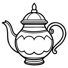 Classic black and white line art illustration of a vintage teapot with a decorative pattern on its body and a lid