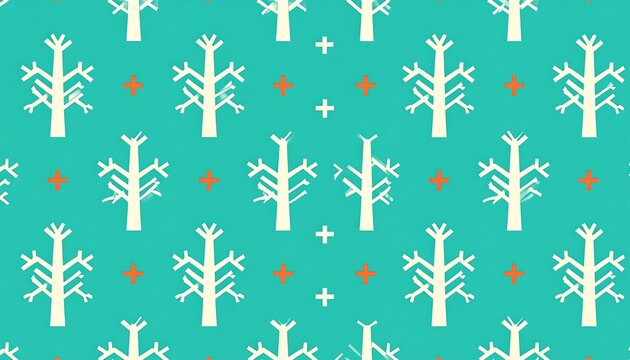Graphic design pattern showcasing repeating trees and plus signs against teal background