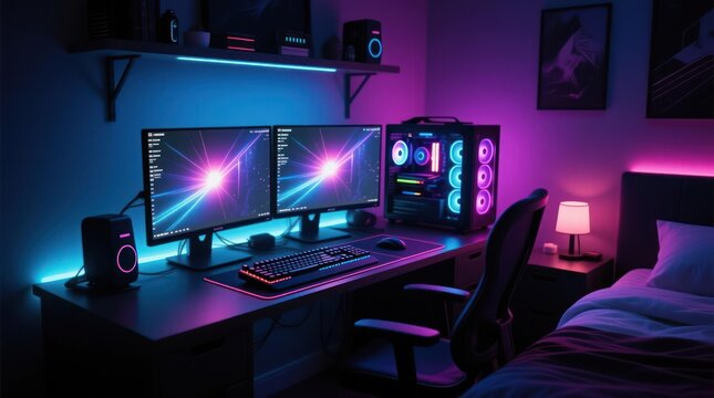 A vibrant, illuminated gaming setup in a bedroom.  LED lights,  dual monitors, PC,  and accessories
