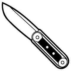 Illustration of a folding knife with a sharp blade and a handle featuring rivets and dark inserts, presented in a clean, isolated graphic