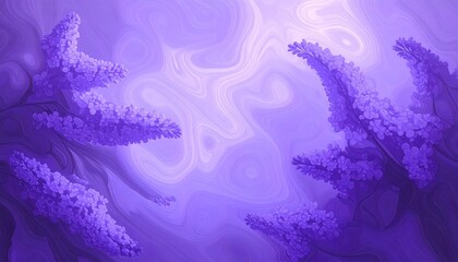 Purple lilac blossoms stand out against a backdrop of swirling, ethereal colors, creating a dreamy and romantic scene.