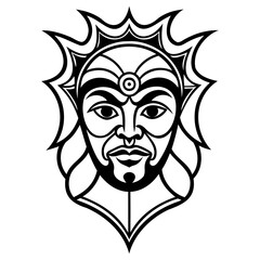 Stylized black and white illustration of a mans face with a sunlike headdress, featuring intricate details and bold lines