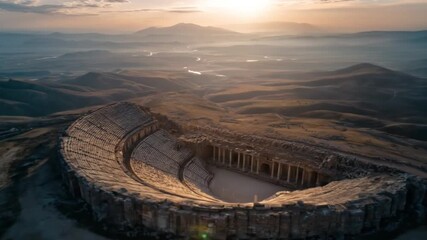 Aerial view of an ancient amphitheater nestled in a mountainous landscape at sunrise - Powered by Adobe