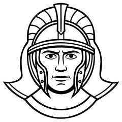 Ancient roman soldier head with helmet, black and white illustration, historical warrior portrait