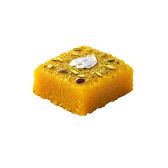 Square barfi dessert sits with nuts and silver leaf on top against a isolated background.