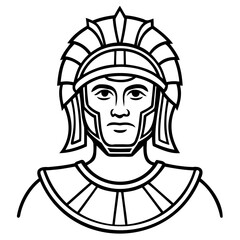 Illustration of a roman soldier in full armor and helmet, depicted in a classic black and white line art style
