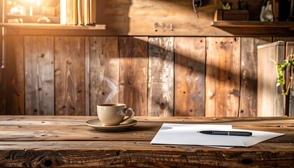 A warm, inviting rustic scene, featuring a steaming cup of coffee on a weathered wooden table, bathed in natural sunlight, with a backdrop of rustic wooden planks.