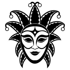 Venetian mask with jester hat, black and white graphic illustration, masquerade symbol