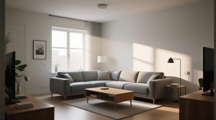 Fototapeta premium Bright, modern living room with sunbeams