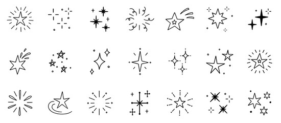 Stars and sparkles doodle set. Christmas blink, firework, glitter silhouette and glowing symbols, comic twinkle effect in sketch style. Hand drawn vector illustration isolated on white background