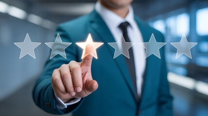 Businessman In Green Suit Pressing Star Rating On Virtual Screen Representing Customer Feedback Review Evaluation