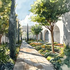 Obraz premium Dream countryside brick house surrounded by trees and flowers image