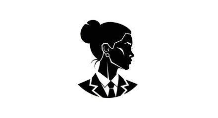 Black and white silhouette logo of a professional woman in a business suit, with her hair styled in a bun.