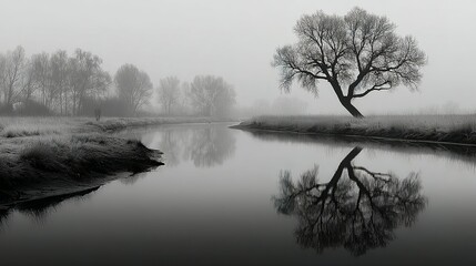 Tree reflection in water on a foggy day in a grayscale landscape.