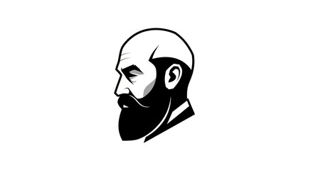 A minimalist black and white vector illustration showing the profile of a bald man with a large, well-groomed beard.