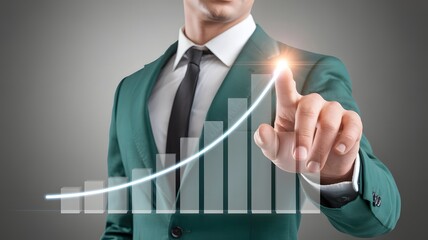 Businessman In Green Suit Pointing At Rising Bar Chart With Growth Arrow Representing Business Success And Progress