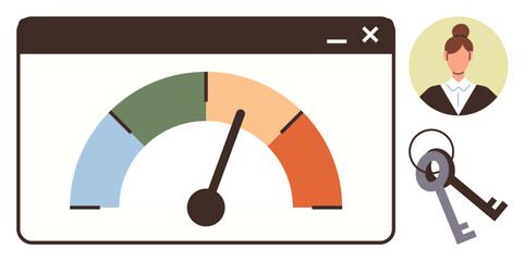 Dashboard screen with colorful gauge, female business avatar, and pair of keys. Ideal for performance, access, security, analytics, user management, career and opportunity themes as simple flat