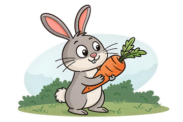 Cartoon style flat color rabbit holding carrot, transparent background